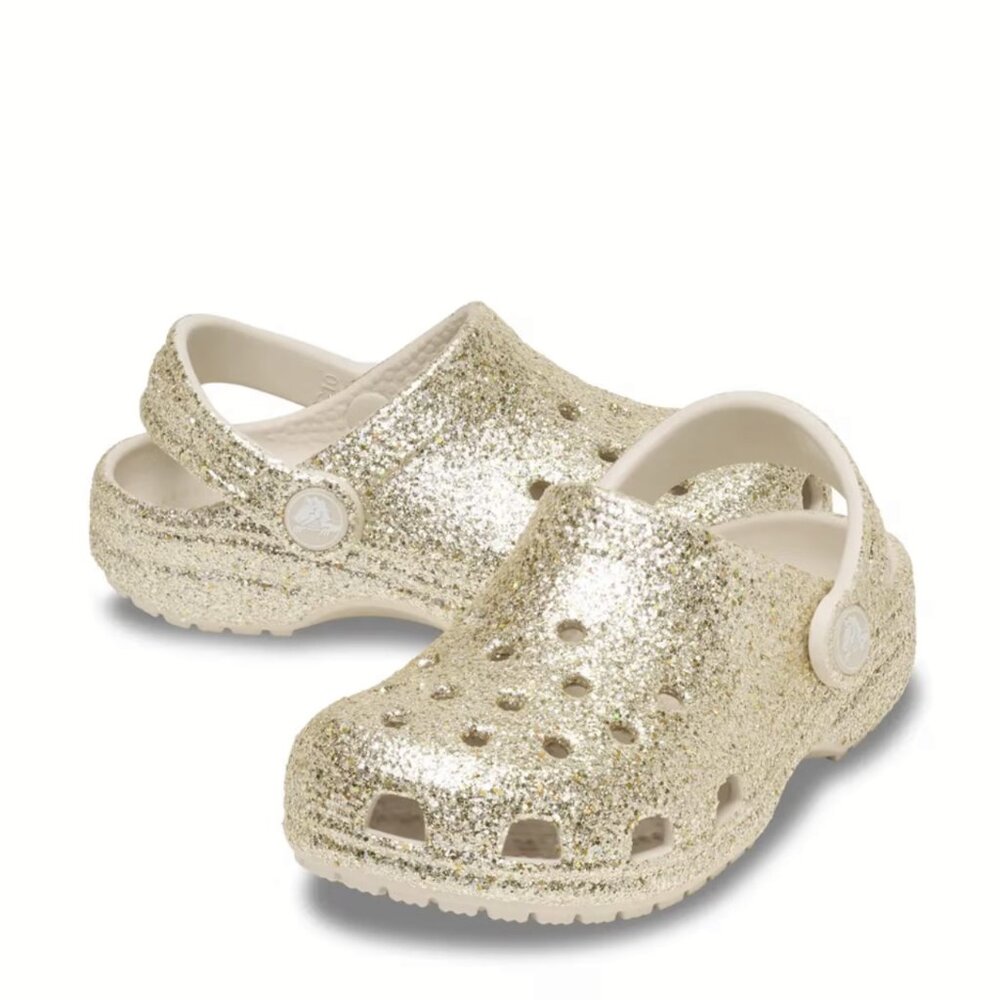 NEW Crocs Sizes J4, J5, J6 Kids' Classic Chunky Glitter Clog - Sandstone Gold